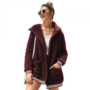 High Fashion Fluffy Style Long Sleeves Winter Fashion Hooded Women Top - Wine Red
