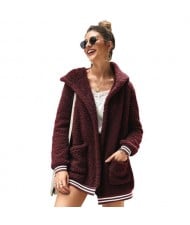 High Fashion Fluffy Style Long Sleeves Winter Fashion Hooded Women Top - Wine Red