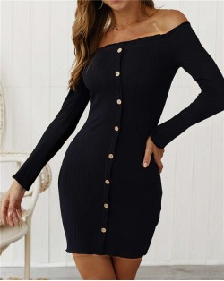 Off-shoulder High Fashion One-piece Slim Style Short Women Dress - Black