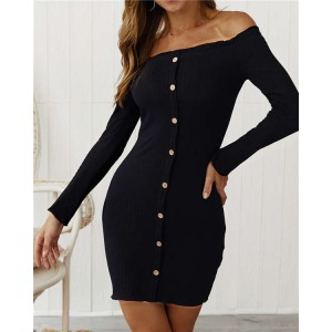 Off-shoulder High Fashion One-piece Slim Style Short Women Dress - Black