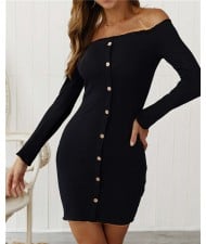 Off-shoulder High Fashion One-piece Slim Style Short Women Dress - Black