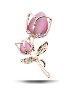 Opal and Rhinestone Embellished Tulip Design Women Fashion Alloy Brooch - Golden