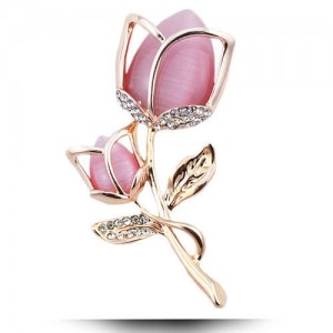 Opal and Rhinestone Embellished Tulip Design Women Fashion Alloy Brooch - Golden