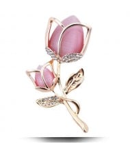 Opal and Rhinestone Embellished Tulip Design Women Fashion Alloy Brooch - Golden