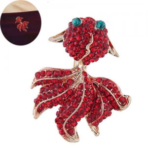 Red Rhinestone Embellished Shining Golden Fish Design High Fashion Women Alloy Brooch
