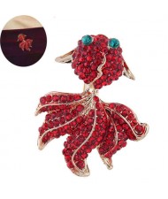 Red Rhinestone Embellished Shining Golden Fish Design High Fashion Women Alloy Brooch