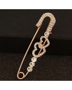 Rhinestone Embellished Dual Hearts Decorated Pin Style Golden Alloy Women Brooch