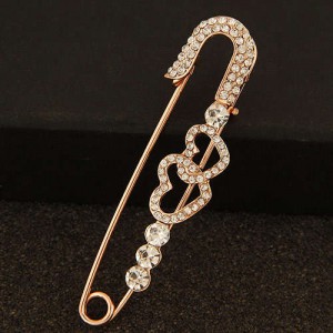 Rhinestone Embellished Dual Hearts Decorated Pin Style Golden Alloy Women Brooch