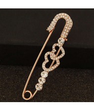Rhinestone Embellished Dual Hearts Decorated Pin Style Golden Alloy Women Brooch