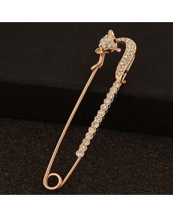Rhinestone Embellished Graceful Fox Decorated Pin Style Golden Alloy Women Brooch