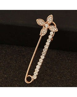 Rhinestone Embellished Flower Decorated Pin Style Golden Alloy Women Brooch
