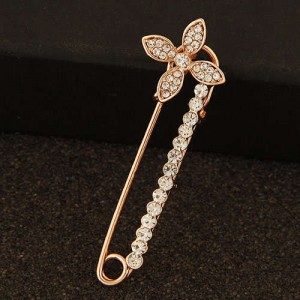 Rhinestone Embellished Flower Decorated Pin Style Golden Alloy Women Brooch
