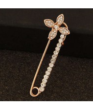 Rhinestone Embellished Flower Decorated Pin Style Golden Alloy Women Brooch
