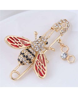 Rhinestone Embellished Golden Bee Design Pin Style Women Alloy Brooch