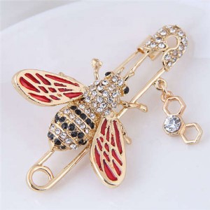 Rhinestone Embellished Golden Bee Design Pin Style Women Alloy Brooch