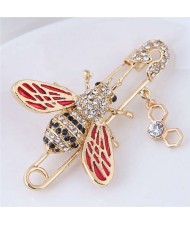 Rhinestone Embellished Golden Bee Design Pin Style Women Alloy Brooch
