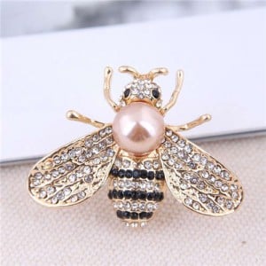 Rhinestone and Pearl Embellished Shining Bee Design Alloy Women Brooch