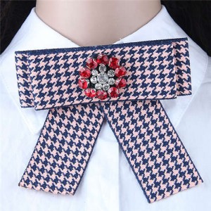 Rhinestone Flower Decorated Tartan Pattern Cloth Fashion Women Brooch