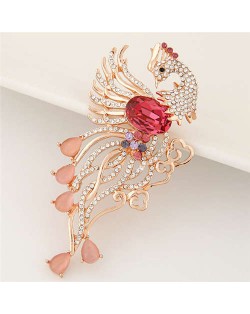 Rhinestone Embellished Phoenix Design Golden Alloy Women Brooch