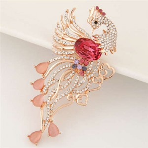 Rhinestone Embellished Phoenix Design Golden Alloy Women Brooch