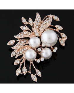Czeche Rhinestone and Pearl Embellished Luxurious Flower Design Golden Alloy Women Brooch