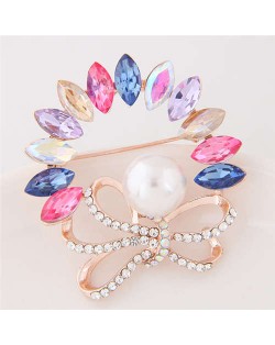 Rhinestone and Gem Embellished Floral Design High Fashion Alloy Women Brooch - Multicolor