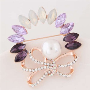 Rhinestone and Gem Embellished Floral Design High Fashion Alloy Women Brooch - Violet