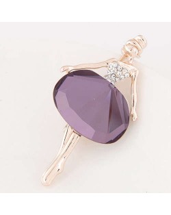 Rhinestone and Glass Decorated Graceful Ballet Dancer Alloy Women Brooch - Violet
