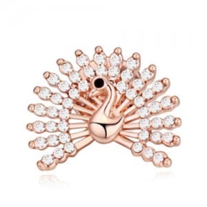 Crystal Embellished Peacock Design High Fashion Women Brooch - White