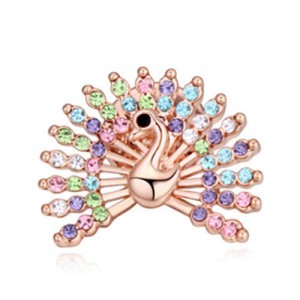 Crystal Embellished Peacock Design High Fashion Women Brooch - Multicolor