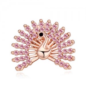 Crystal Embellished Peacock Design High Fashion Women Brooch - Pink