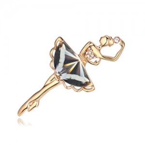 Crystal Ballet Dancer Gold Plated Alloy Graceful Style Women Brooch - Black