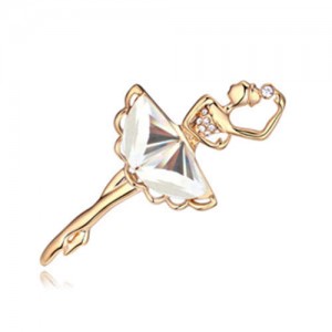 Crystal Ballet Dancer Gold Plated Alloy Graceful Style Women Brooch - White