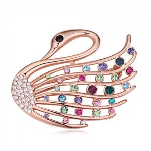 Crystal Embellished Elegant Swan Design Gold Plated Alloy Women Brooch - Multicolor