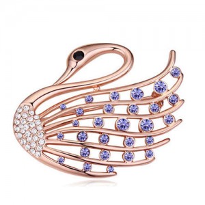 Crystal Embellished Elegant Swan Design Gold Plated Alloy Women Brooch - Violet