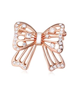 Luxurious Crystal Embellished Gold Plated Bowknot Elegant Design Women Brooch - White