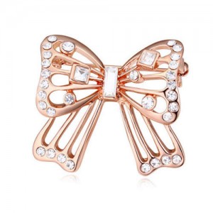 Luxurious Crystal Embellished Gold Plated Bowknot Elegant Design Women Brooch - White