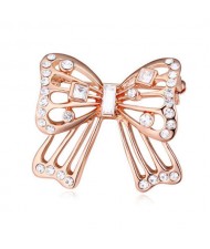 Luxurious Crystal Embellished Gold Plated Bowknot Elegant Design Women Brooch - White