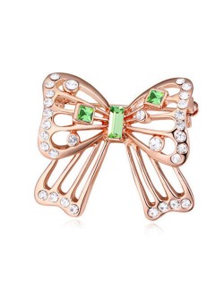 Luxurious Crystal Embellished Gold Plated Bowknot Elegant Design Women Brooch - Green