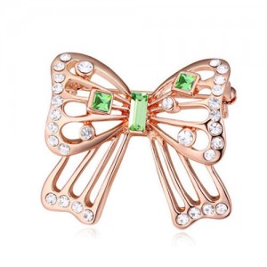 Luxurious Crystal Embellished Gold Plated Bowknot Elegant Design Women Brooch - Green