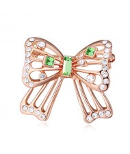 Luxurious Crystal Embellished Gold Plated Bowknot Elegant Design Women Brooch - Green