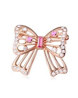 Luxurious Crystal Embellished Gold Plated Bowknot Elegant Design Women Brooch - Pink