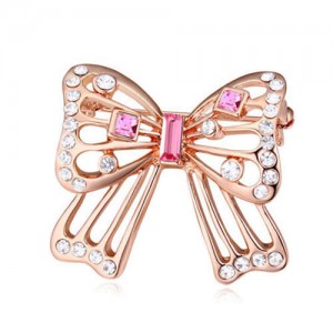 Luxurious Crystal Embellished Gold Plated Bowknot Elegant Design Women Brooch - Pink