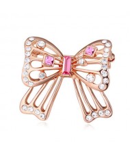 Luxurious Crystal Embellished Gold Plated Bowknot Elegant Design Women Brooch - Pink