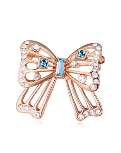 Luxurious Crystal Embellished Gold Plated Bowknot Elegant Design Women Brooch - Blue