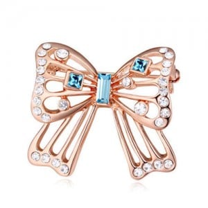 Luxurious Crystal Embellished Gold Plated Bowknot Elegant Design Women Brooch - Blue