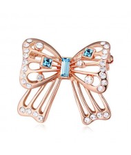 Luxurious Crystal Embellished Gold Plated Bowknot Elegant Design Women Brooch - Blue