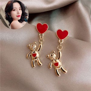 Heart Theme Golden Bear Design Korean Fashion Women Earrings