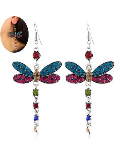 Rhinestone Embellished Dragonfly Dangling Fashion Women Statement Earrings - Multicolor