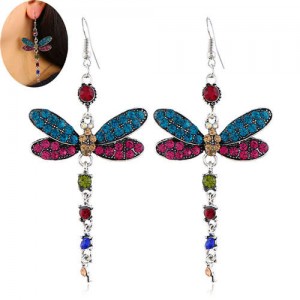 Rhinestone Embellished Dragonfly Dangling Fashion Women Statement Earrings - Multicolor